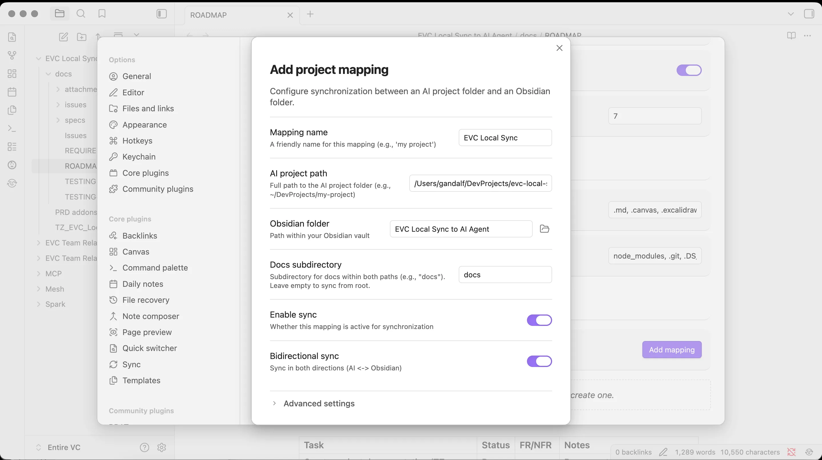 Local Sync plugin settings — configure vault folder and external project path mapping