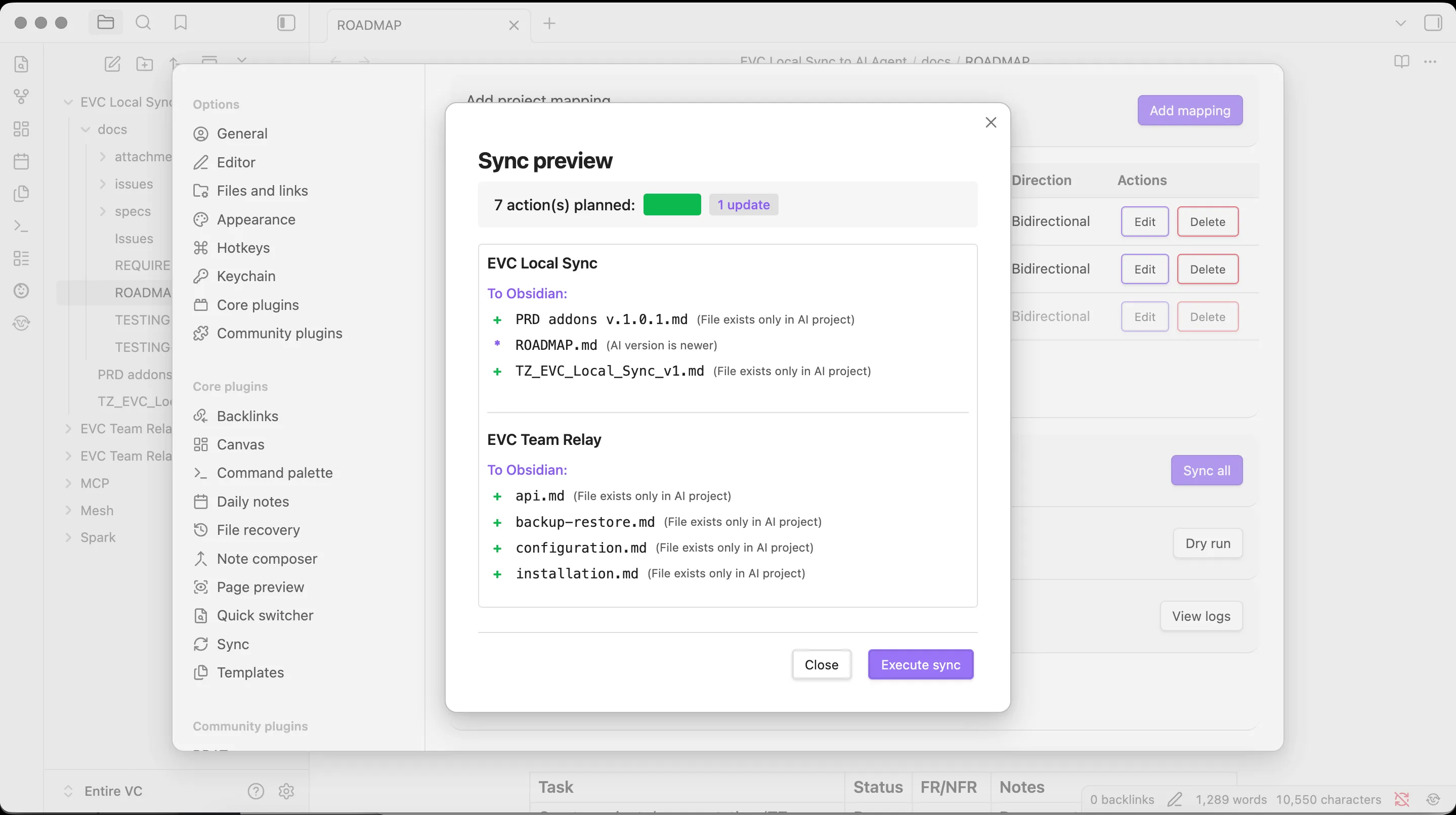 Dry-run preview showing 7 planned sync actions before executing