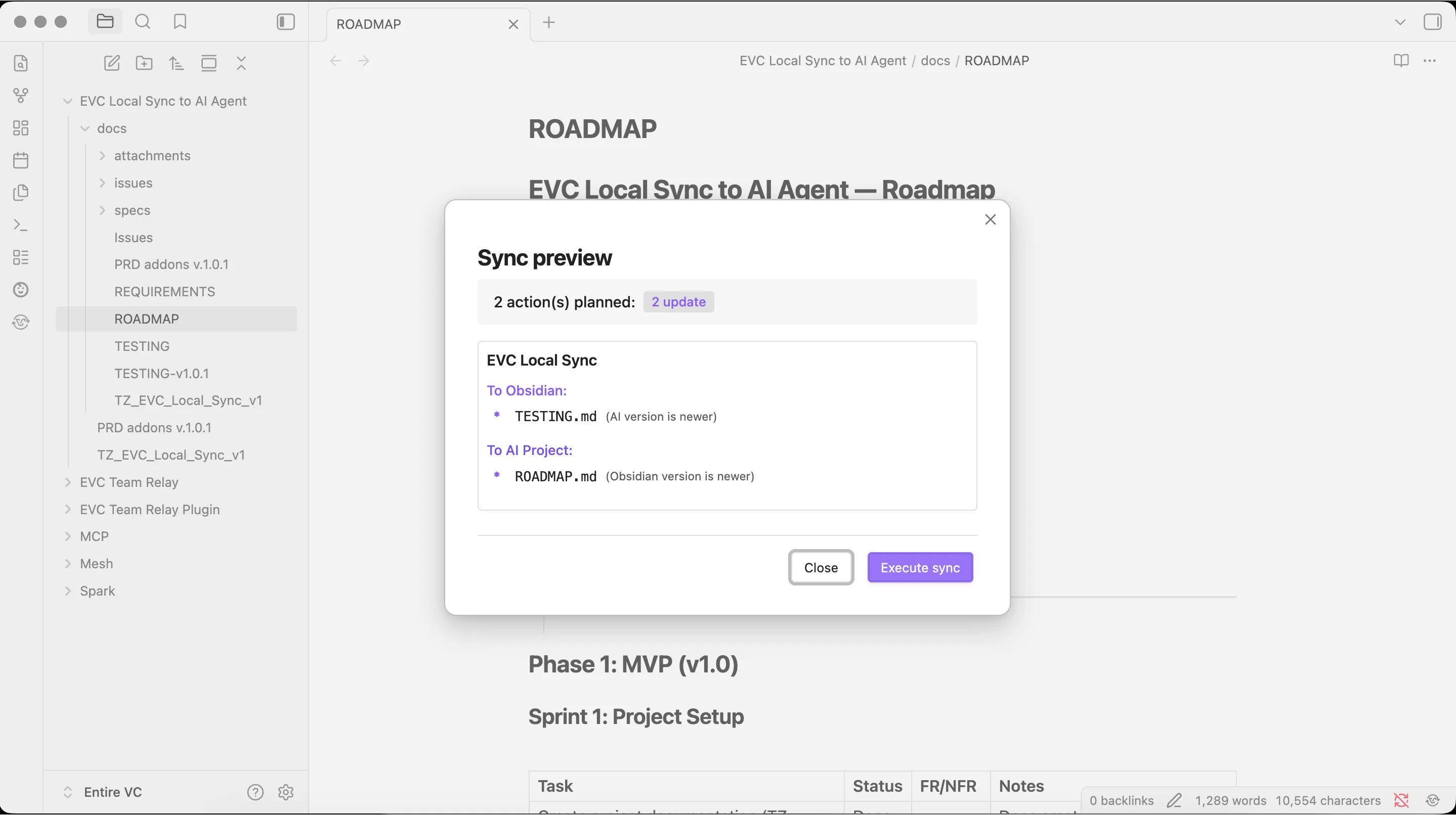 Bidirectional sync log showing changes flowing both ways