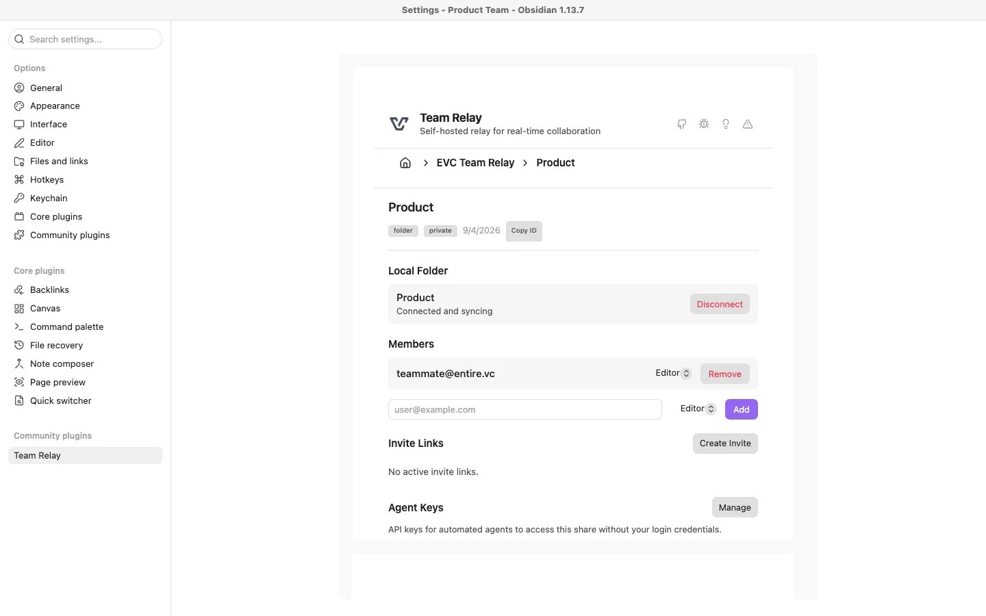 Team Relay folder settings in Obsidian — connected local folder, members list with per-user editor/viewer role, invite links and agent keys