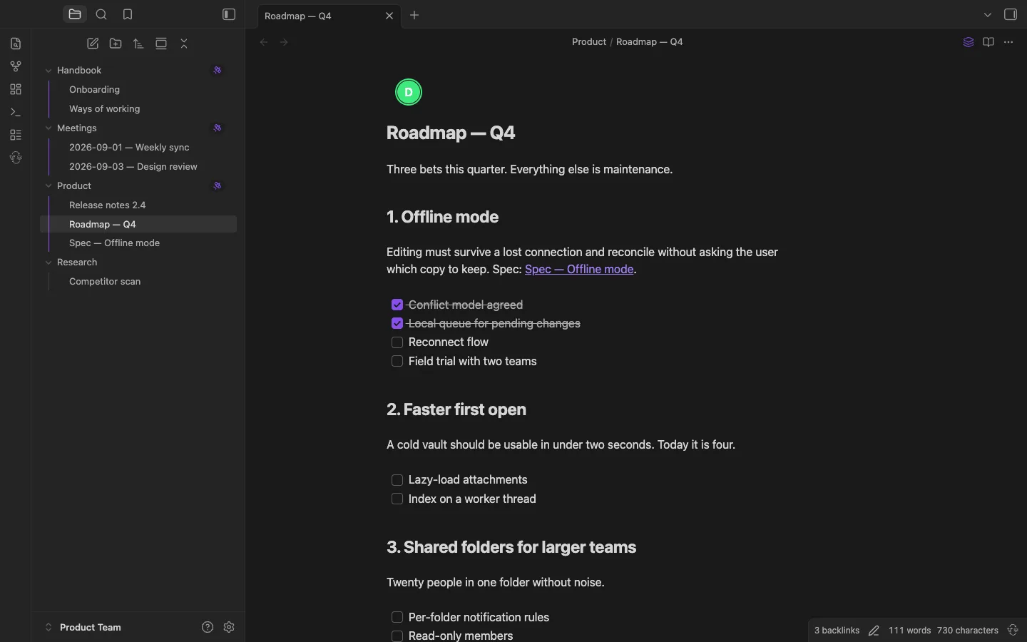 Team Relay in Obsidian — shared vault with pinned team folders in the file tree, a live document open, and a collaborator's avatar shown on the note (dark theme)