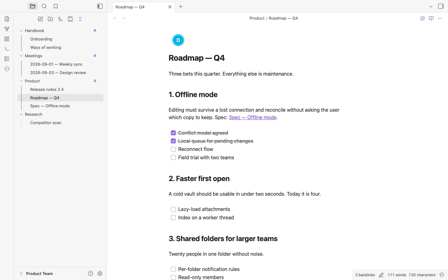 Team Relay in Obsidian — shared vault with pinned team folders in the file tree, a live document open, and a collaborator's avatar shown on the note