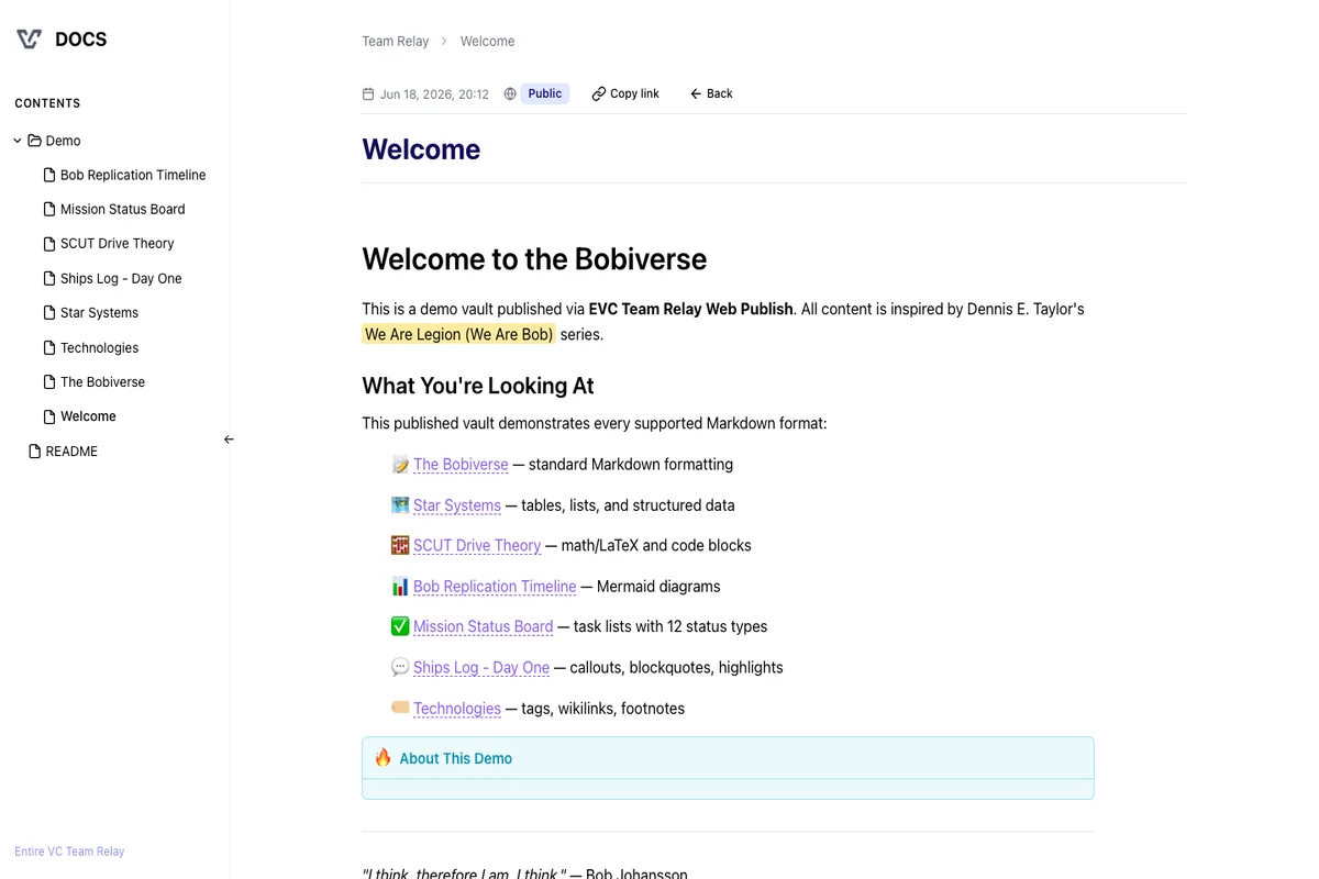 Team Relay web publish — docs.entire.vc showing a published Obsidian document with sidebar file tree and PUBLIC badge
